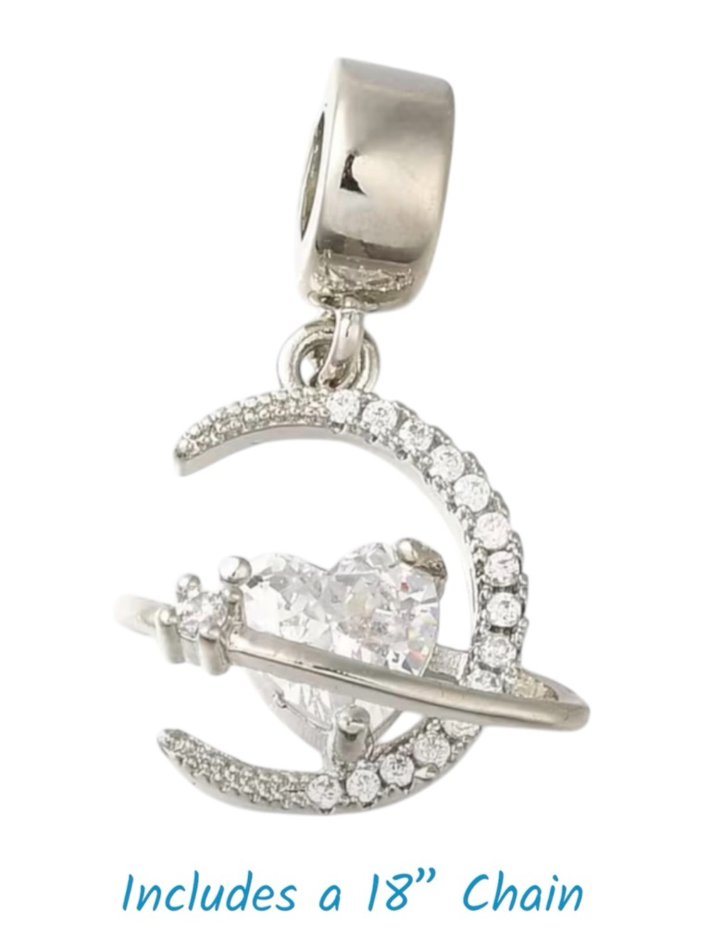 Silver Moon and Heart Planet Orbit Pendant Necklace CZ Gem Stainless Steel 18”